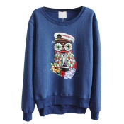 Cute Owl Pattern Long Sleeve Dip Hem Sweatshirt with Side Zip