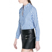 Boyfriend Style Blue Vertical Stripe Pattern Shirt