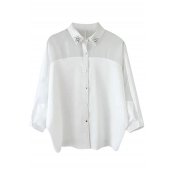 Beaded Point Collar 3/4 Sleeve Sheer Panel Shirt