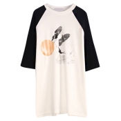 Raglan 3/4 Sleeve Color Block Dog&Bubble Print Midi T-Shirt