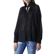 Sexy Black Sheer Collared Pleated Chiffon Blouse
