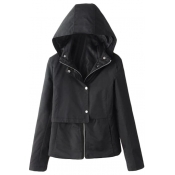 Black Hooded Zipper Fly Front Panel Style Cropped Coat