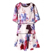 Round Neck Flare 3/4 Sleeve Ink Color Flower Print White Dress