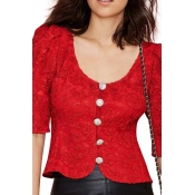 Sexy Scoop Neck White Button Fly Red Lace Crochet Blouse