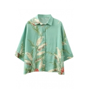 Light Green Background Beige Flower Print 3/4 Sleeve Shirt