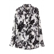 Black Ink Color Flower Print Chinese Painting Style Mid Shirt