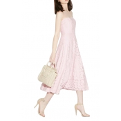 Pearl Pink Strapless Tea Length Cute Crochet Dress