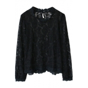 Plain Lace Round Neck Long Sleeve Top with Cutout Details
