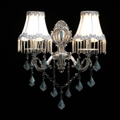 Stunning Wall Light Fixture Features Lead Crystal Drops and Delicate Polished Silver Finish Topped with White Fabric Shades