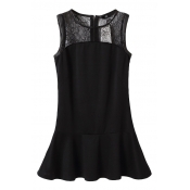 Round Neck Lace Shoulder Panel Black A-line Dress
