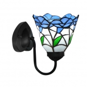 Mysterious Blue Blossom Decorated Tiffany Wall Sconce in Black Finish
