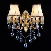 Fantastic Two-light Wall Sconce Features Grey Shades with Brown Edging and Crystal Drops