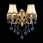 Outstanding Graceful Wall Light Fixture Adorned with Delicate Gold Finish and White Fabric Shades with Black Edging