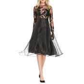 Sequins Embroidery Top Organza Panel Bottom Sheer Style Dress