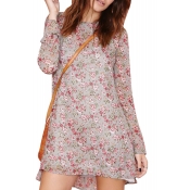 Gray Background Pink Floral Print Long Sleeve Swing Dress