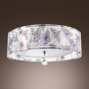 Purple Flowers Pattern Sheer Shade and Clear Crystal Drop Add Elegance to Contemporary Three Light Flush Mount Ceiling Light