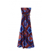 Blue&Orange Geometric-Tribal Pattern Print Strapless Dress with Belt