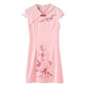 Plum Flower Embroidered V-Neck Cap Sleeve Fitted Dress