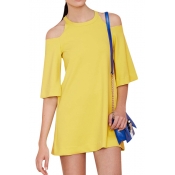 Round Neck Cold Shoulder Yellow Mini Column Dress