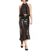 Sequins Sheer Net Insert Chiffon Midi Skirt