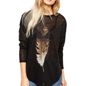 Feather Print Round Neck Long Sleeve Loose T-Shirt