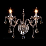 Beauteous Two Candle Lights Wall Sconce with Graceful Scrolling Arms and Faceted Crystal Drops