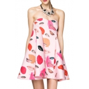 Strapless Sweetheart Neck Pink Background Lips Print A-line Mini Dress