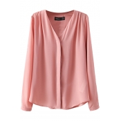 V-Neck Plain Concealed Button Fly Chiffon Shirt