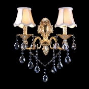 Splendid European Style Crystal-beaded Wall Sconce with Delicate Gold Finish Canopy and White Fabric Shades