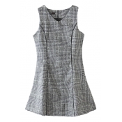 Grey Plaid Print V-Neck Sleeveless Woolen Coat