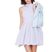 Lilac Stand Collar Sleeveless Fit&Flare Ruffle Hem Dress
