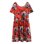 Red Floral Print Round Neck Short Sleeve Dress
