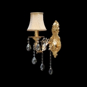 Gleaming Gold Finish Pairs with White Fabric Shade Made Sparkling Wall Sconce with Beautiful Crystals Perfect for Hallway and More