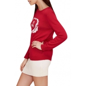 Red Letter Print Round Neck Long Sleeve Loose Sweater