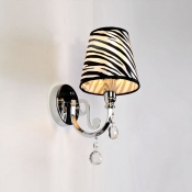 Gleaming Polished Silver Finish and Clear Crystal Drops Composed Wall Sconce Topped with Zebra Pattern Fabric Shade
