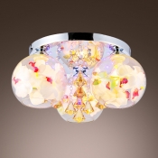 Champagne Crystals and Pink Flowers Motif Adorned Semi Flush Mount Ceiling Light