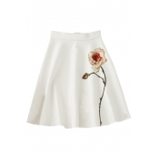 Elegant Floral Print Zippered Fit White Full Skirt