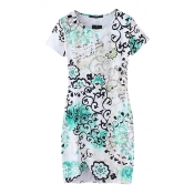 Floral Graffiti Round Neck Bodycon Dress with Short Sleeve