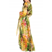 Summer Tropical Plants Print Floor Length Chiffon Dress