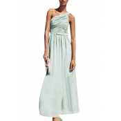 Plain Ruched Detail Chiffon Longline One-Shoulder Dress