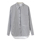 Vertical&Horizontal Stripe Print Single Pocket Shirt