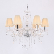 Cream Colored Fabric Bell Shade Clear Crystal Strands and Droplets Cascades 6-Light Chandelier