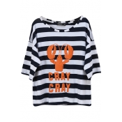 Black Stripe&Orange Lobster Print T-Shirt
