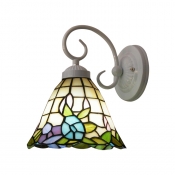 Elegant White Scrolling Arm Floral Tiffany Glass Shade Wall Sconce