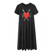 Unique Red Heart&Flower Embroidered Short Sleeve Pleated Black Dress