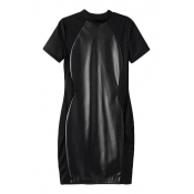 Black PU Insert Short Sleeve Stand Up Collar Fitted Dress