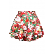 Cute Santa Clause Print Pleated Mini Skirt