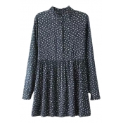 Litter Floral Print Stand-Up Collar Long Sleeve Pleated Dress