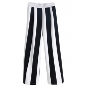 White&Black Striped Elastic Waist Crop Pants