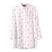 White Litter Mouse Print Lapel Long Sleeve Tunic Shirt